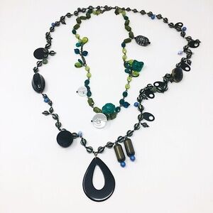 Y2K Long Double Strand Black Acrylic Teardrop Green Gemstone Bauble Necklace